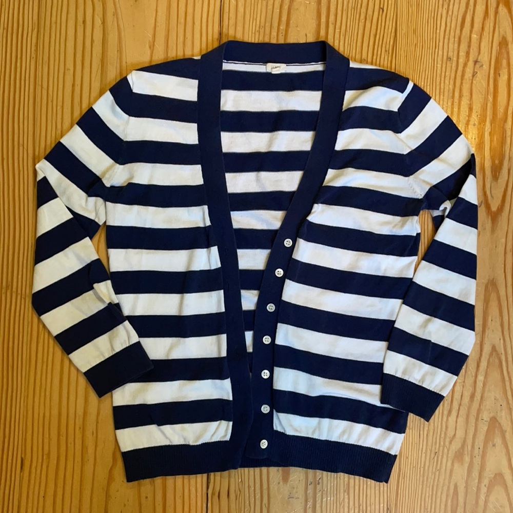 J. Crew navy stripe cardigan 3/4 sleeve nautical blue striped sweater XS